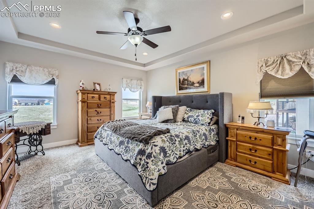 Bedroom with a raised ceiling, multiple windows, recessed lighting, and baseboards