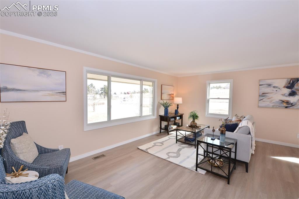 Spacious living room with vinyl plank flooring.