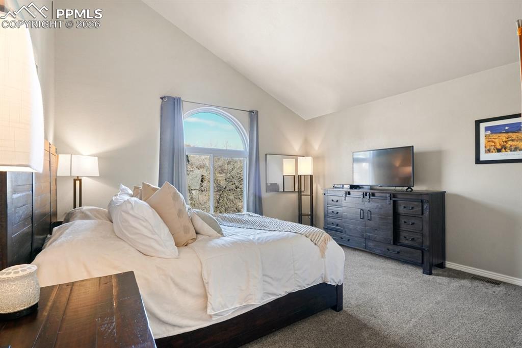 Carpeted bedroom with high vaulted ceiling
