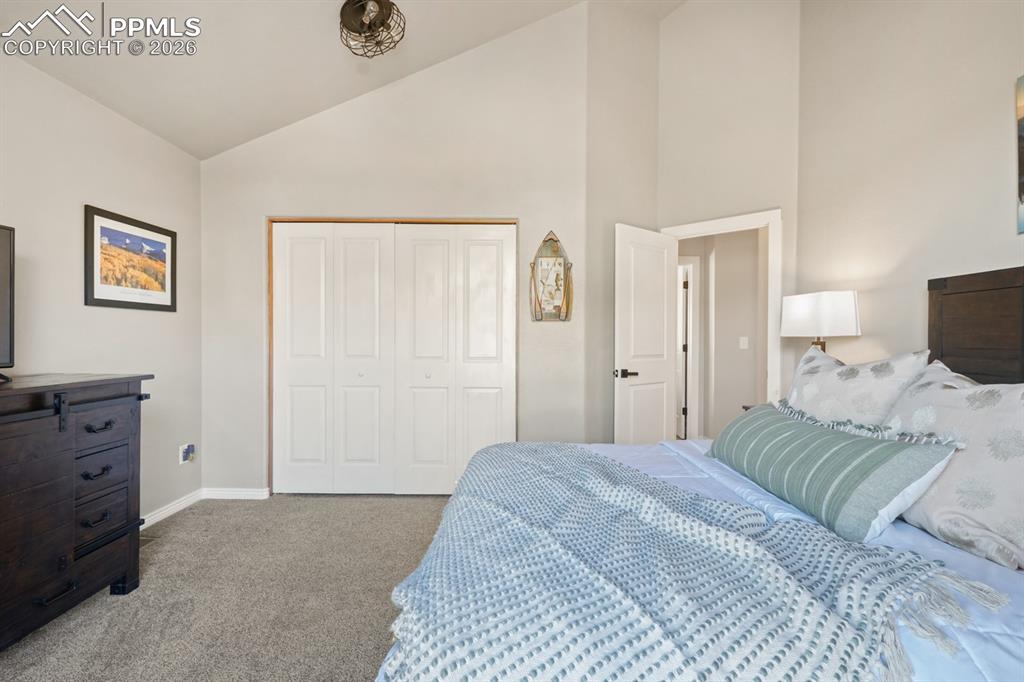 Bedroom featuring a closet, high vaulted ceiling, and carpet floors