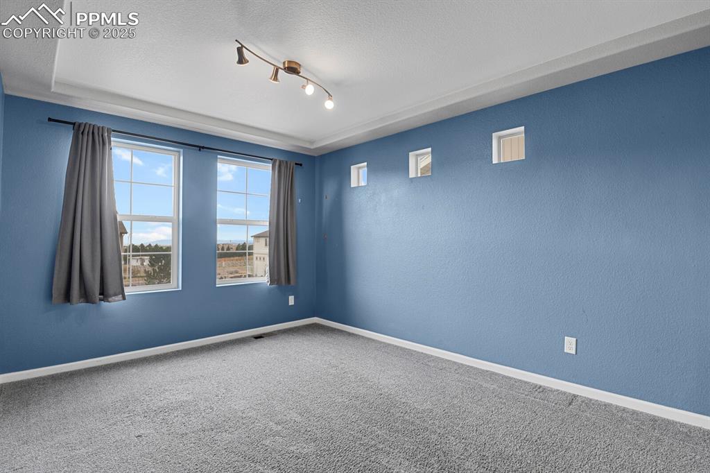 Carpeted spare room with a textured ceiling, a textured wall, and rail lighting
