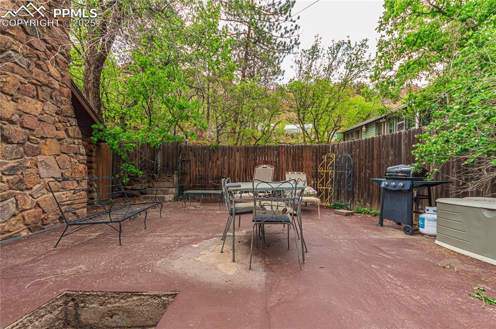 Fenced backyard featuring outdoor dining space, a patio, and area for grilling