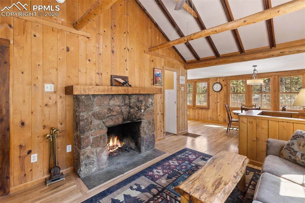 Living Room with original stone fireplace