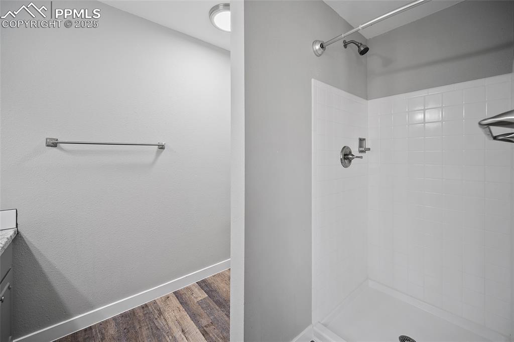 Bathroom with dark wood-style floors, a stall shower, and vanity
