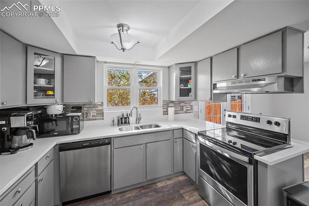 Kitchen with gray cabinets, glass insert cabinets, stainless steel appliances, dark wood-style floors, and a raised ceiling