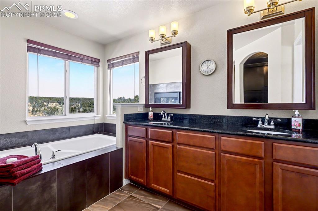 Primary bathroom has a soaking tub, separate shower and double vanity
