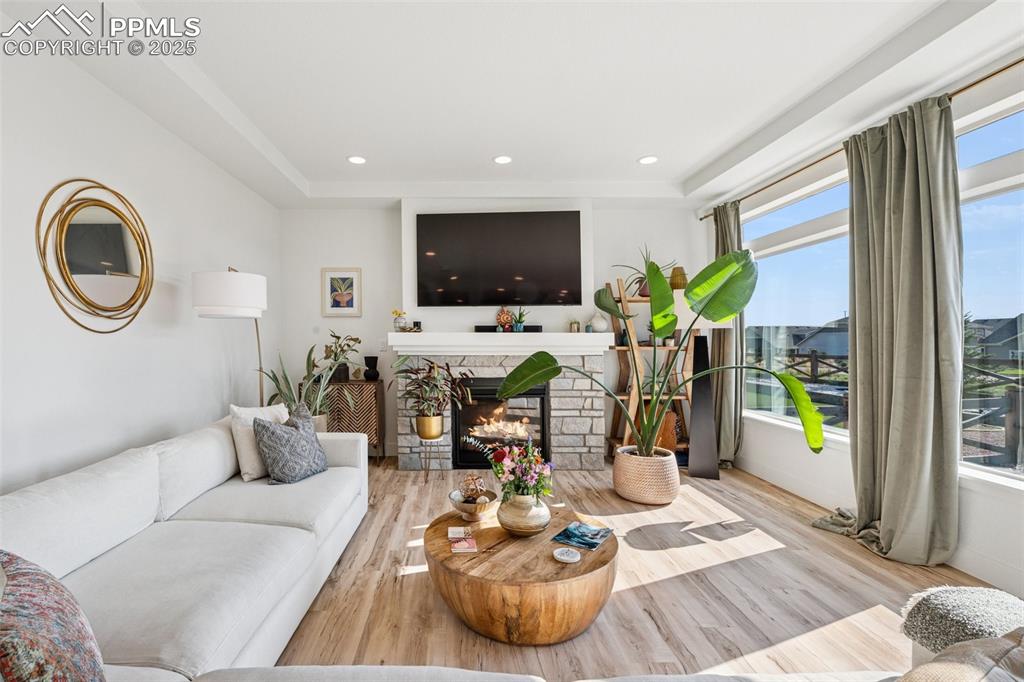 Living area with wood finished floors, recessed lighting, a fireplace, and a raised ceiling