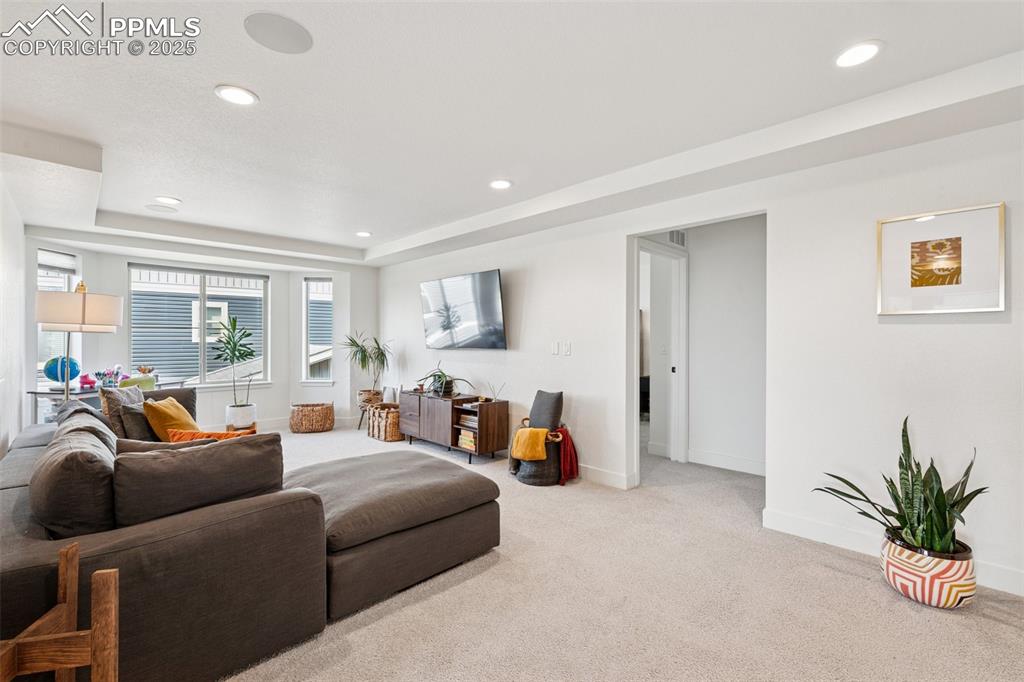 Carpeted living room featuring recessed lighting and a raised ceiling