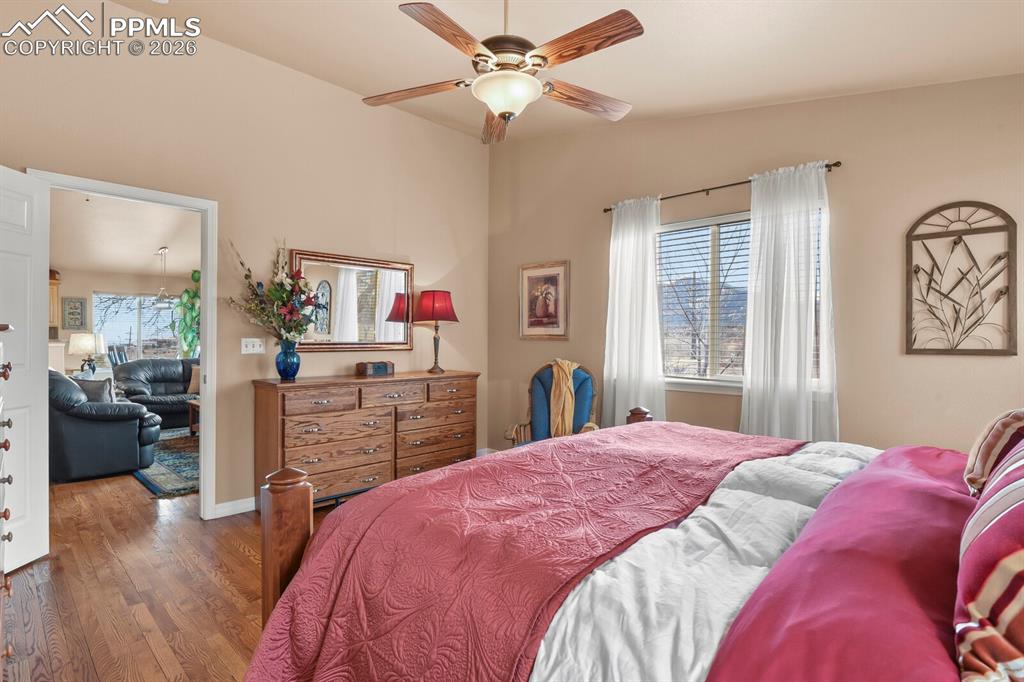 Bedroom featuring multiple windows, dark wood-style floors, and a ceiling fan