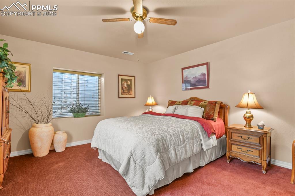  4th Bedroom in the basement, featuring a ceiling fan and carpet floors