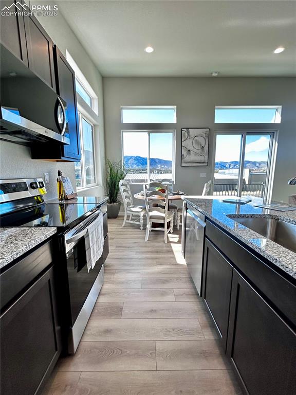 Kitchen fea
turing appliances with stainless steel finishes, light stone countertops, light wood-style flooring, a mountain view, and Aristokraft cabinets