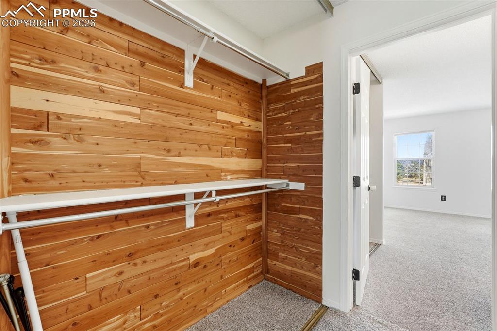 Walk in closet featuring light colored carpet