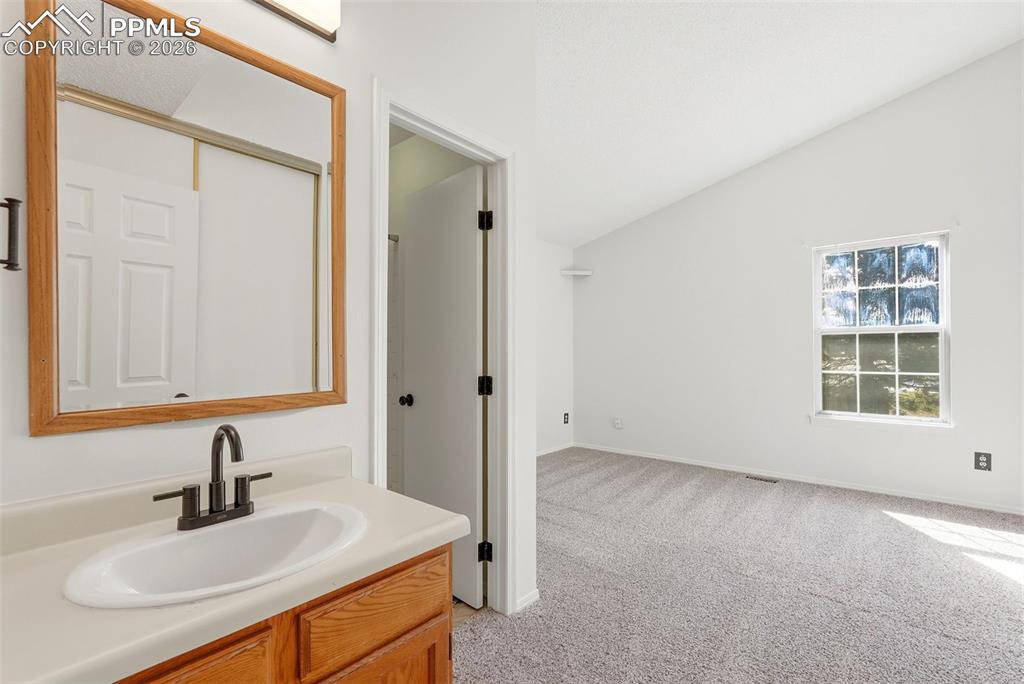 Bathroom with light colored carpet, vanity, and vaulted ceiling