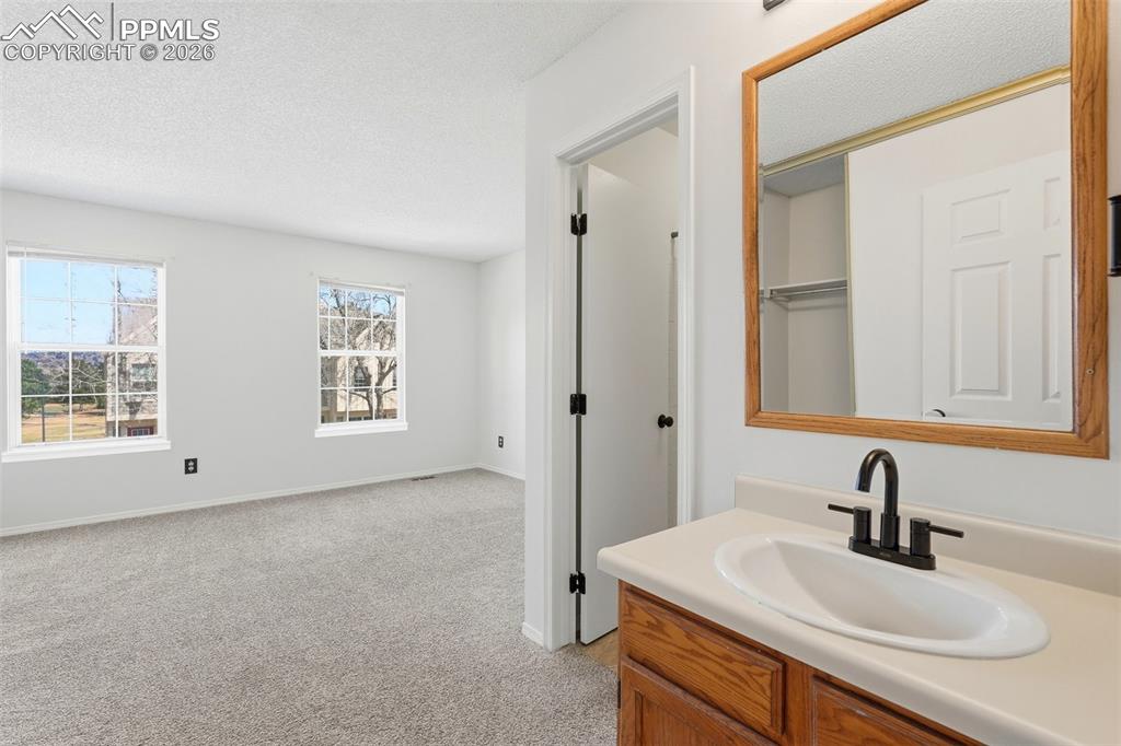 Bathroom featuring vanity, light carpet, and a textured ceiling