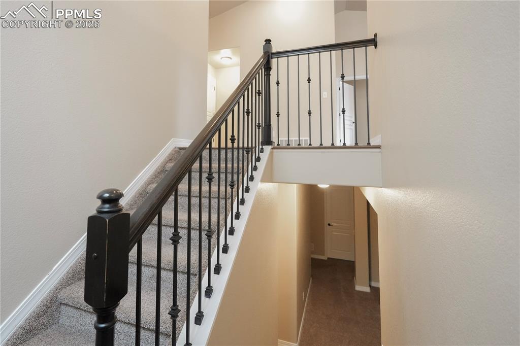 Staircase with carpet floors and baseboards