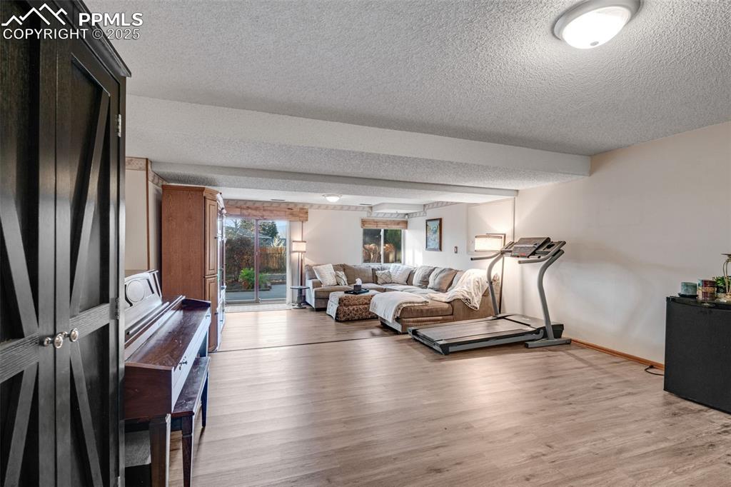 Spacious basement living room with patio walkout to backyard. 