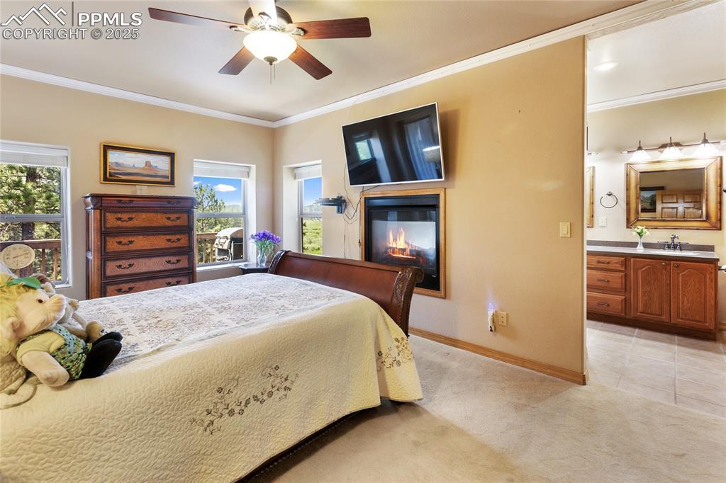 The main bedroom features crown molding, light-colored carpet, a ceiling fan, a connected bathroom, and a fireplace.