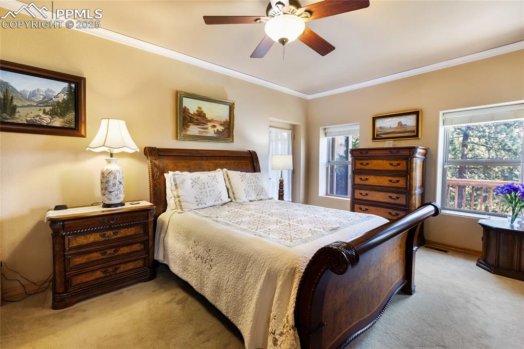 The main bedroom with light carpet, crown molding, and ceiling fan.