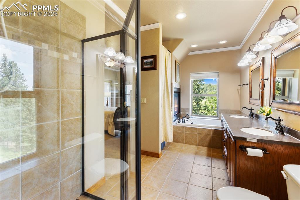 The main bathroom features light tile-patterned floors, a double vanity, crown molding, a walk-in shower, a tub, and a fireplace.