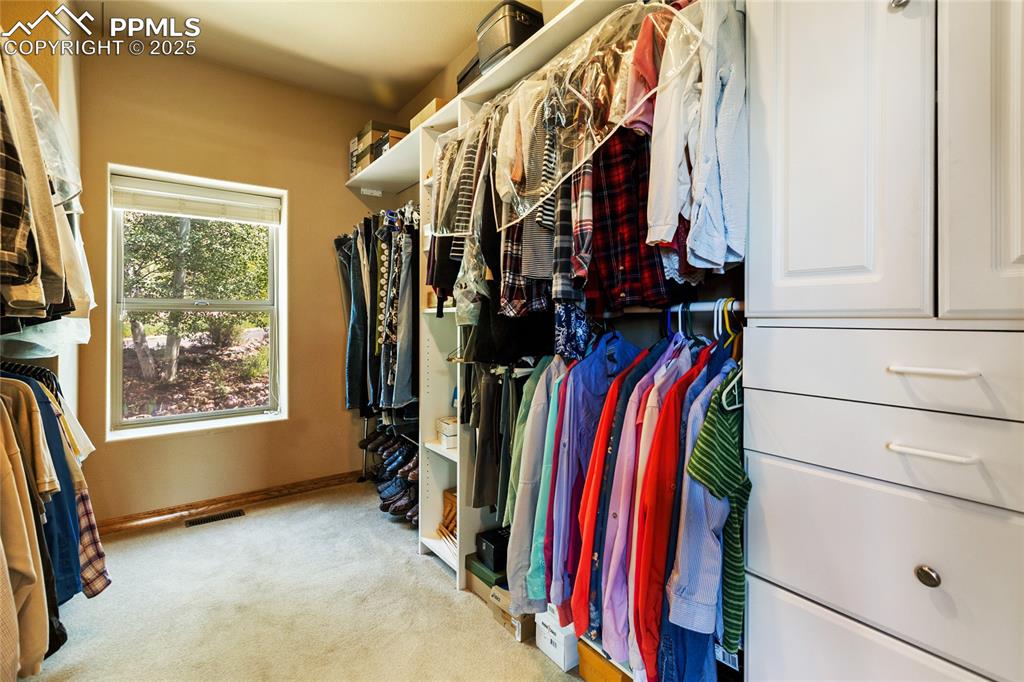 Spacious closet with light carpet and built-in cabinetry.