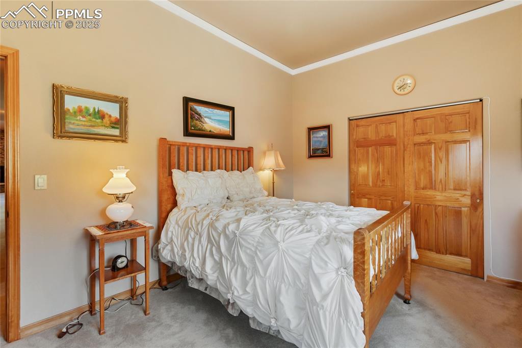 Bedroom featuring a closet, light colored carpet, and crown molding. 