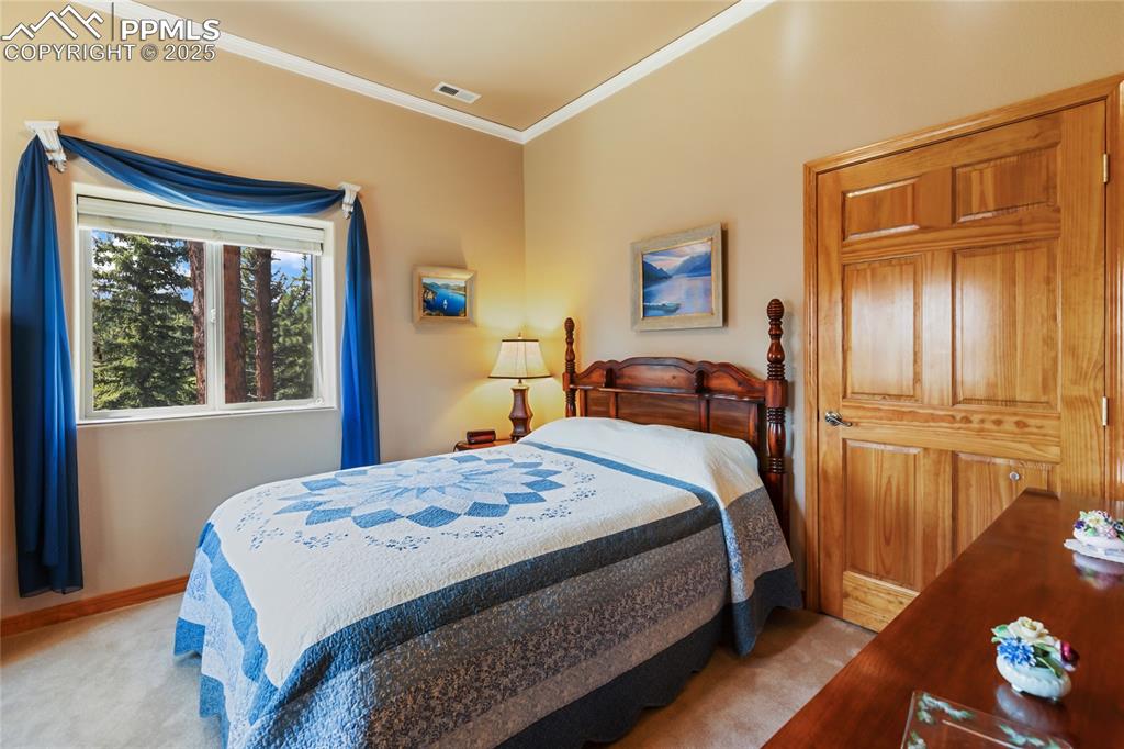 Carpeted bedroom featuring ornamental molding and baseboards.