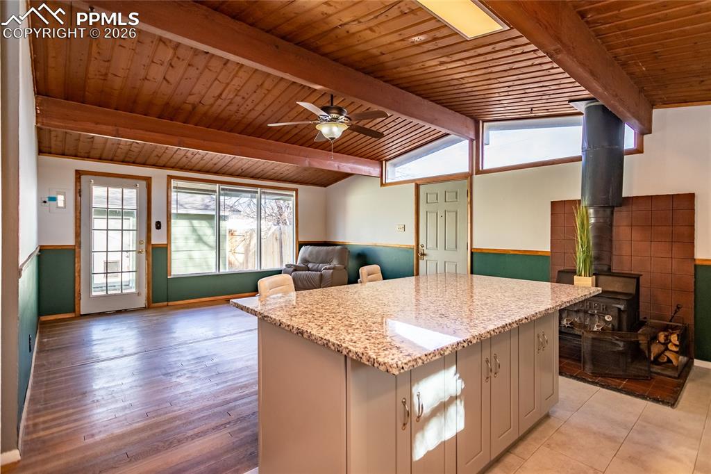 Vaulted ceiling in living room / kitchen for added light.
