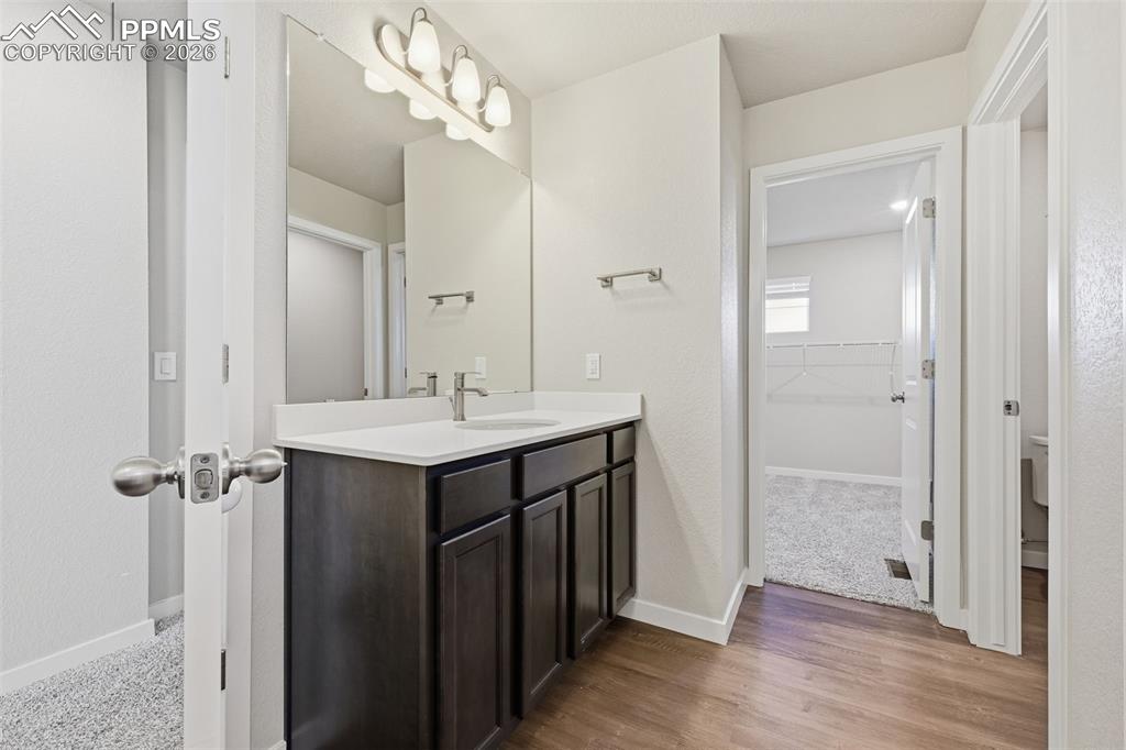 Full bathroom with vanity, a walk in closet, and light wood-style flooring