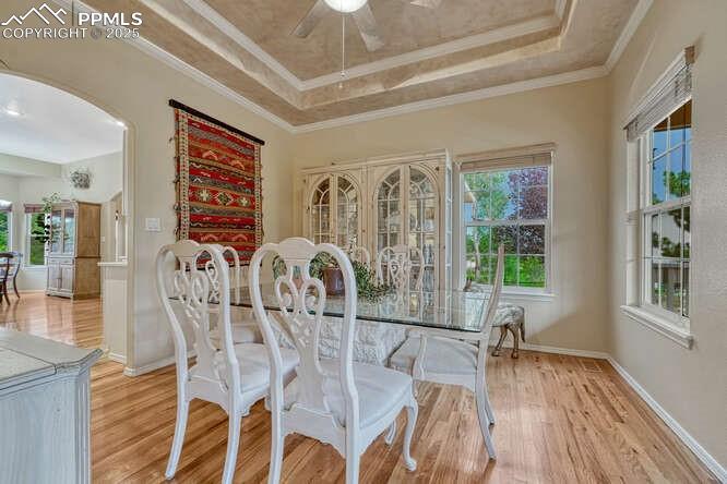 Dining space with a tray ceiling, wood  floors