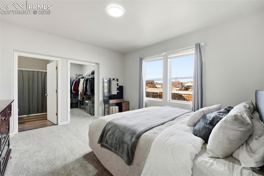 Bedroom with a spacious closet and dark carpet