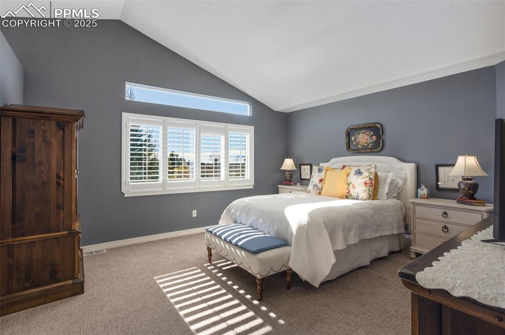 Bedroom with carpet and high vaulted ceiling