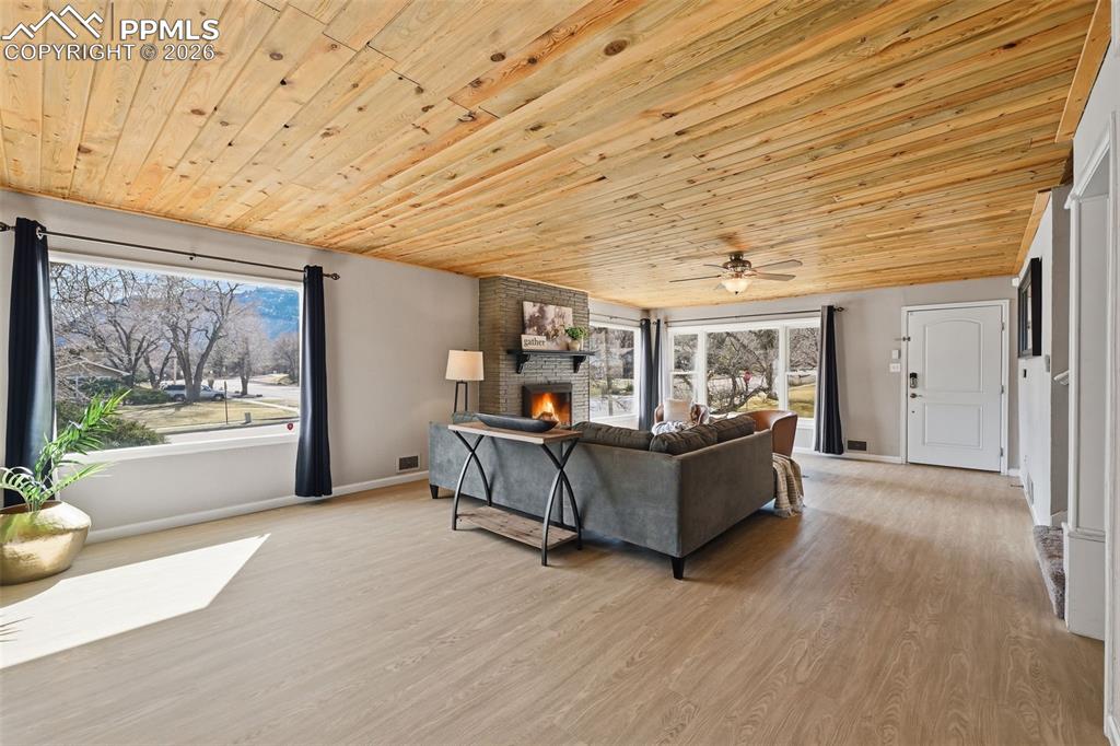 Tons of natural light and stone fireplace