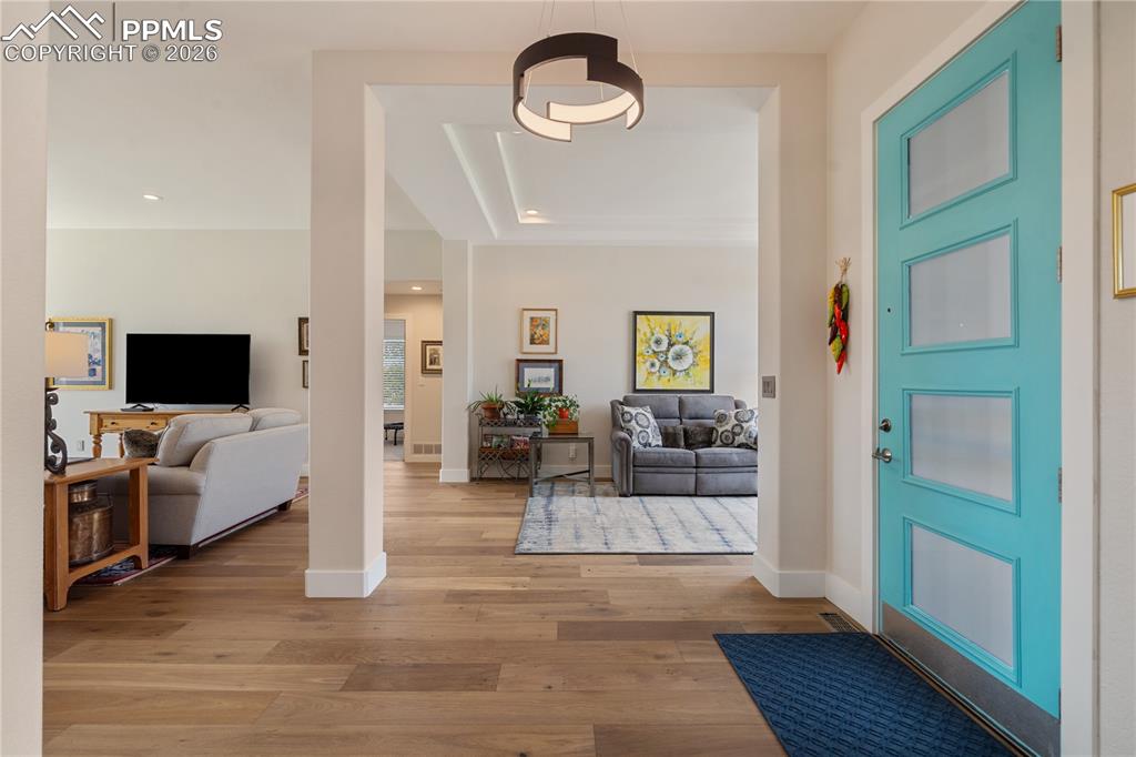 Entry has hardwood floor and door