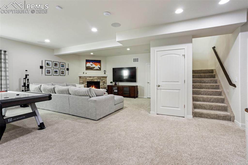 Lower level family room with 9' ceilings