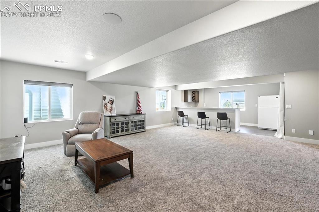 Carpeted living area with a textured ceiling and a bar