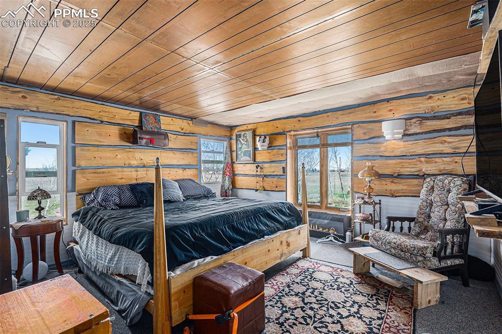 Bedroom with carpet, wood ceiling, and multiple windows