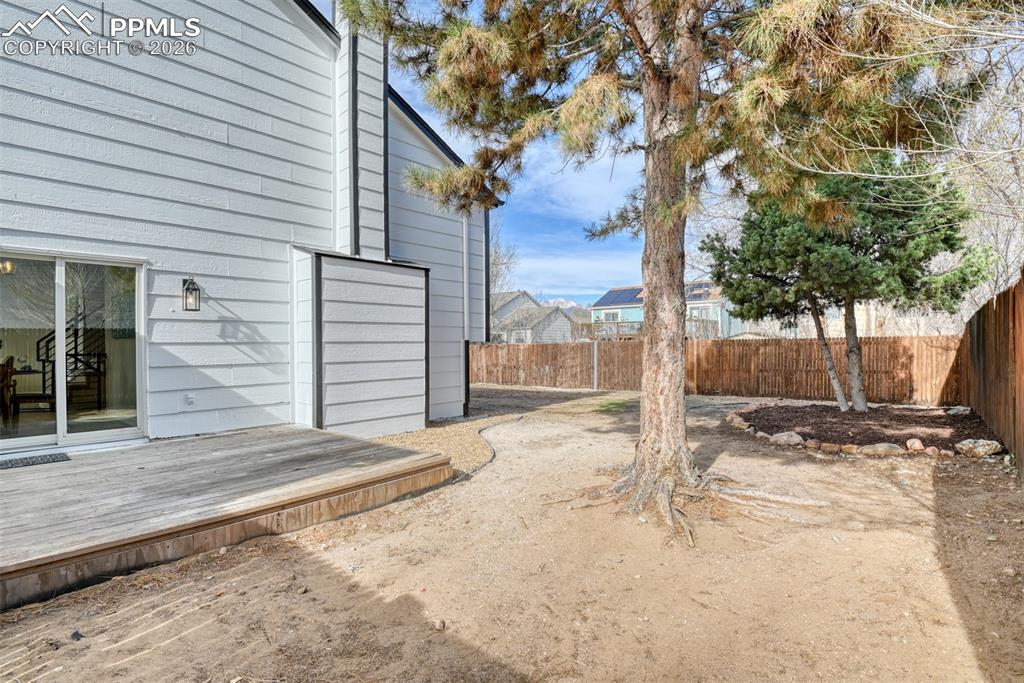 Fenced backyard with a deck