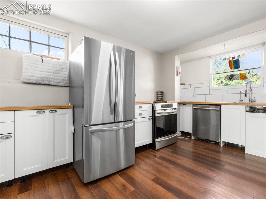 Kitchen featuring white cabinets, stainless steel appliances, plenty of natural light, and dark wood-type flooring