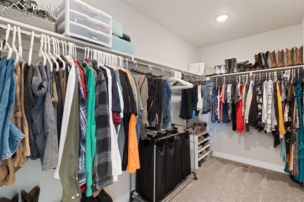 Walk in closet featuring light colored carpet
