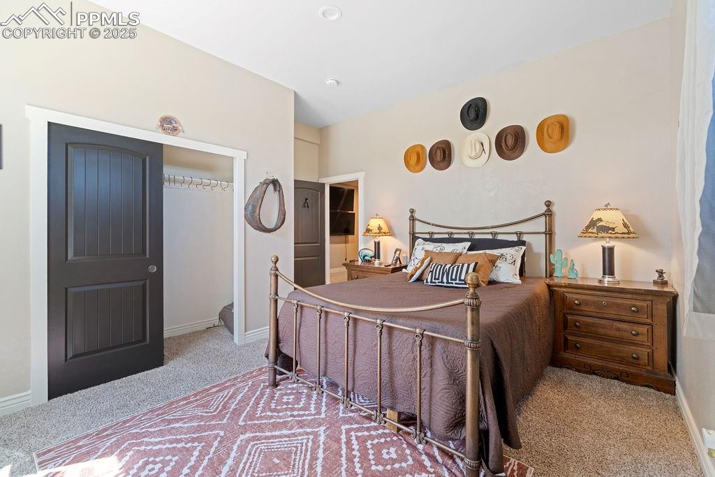 Bedroom featuring light carpet and a closet