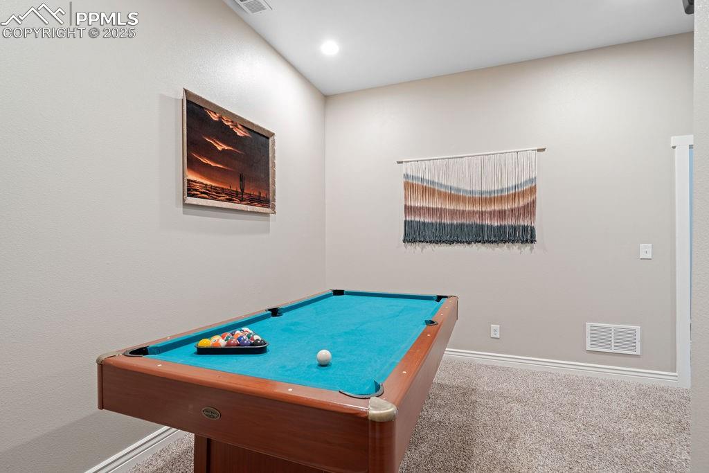 Rec room with billiards, carpet floors, and recessed lighting