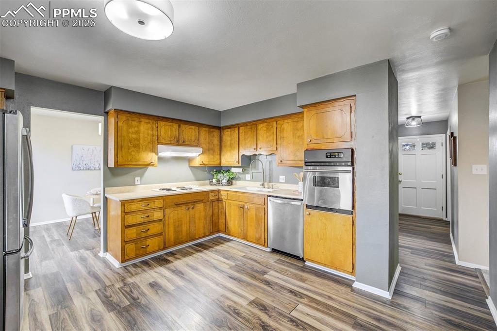 Kitchen flows with the lining room and dining room