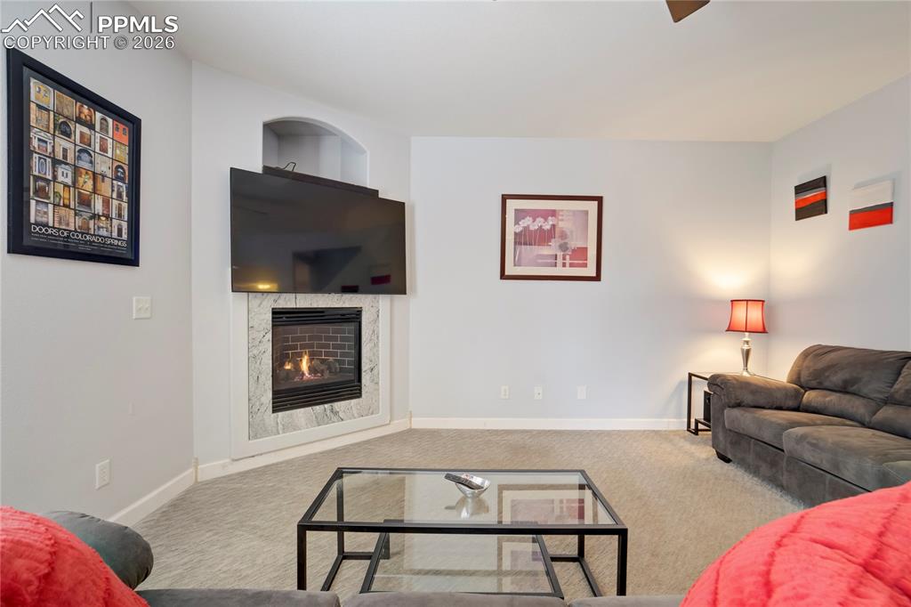 Carpeted living area featuring a premium fireplace and baseboards