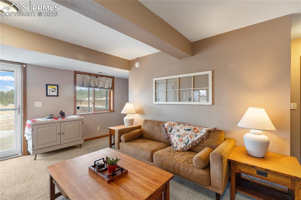 The living room has rich wood trim and an architectural soffit detail!