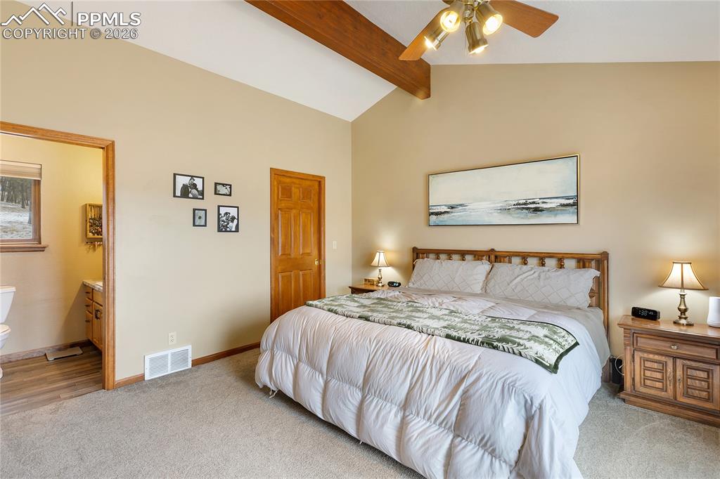 The main bedroom has a vaulted ceiling with a rich wooden beam, a ceiling fan, and an ensuite bathroom!