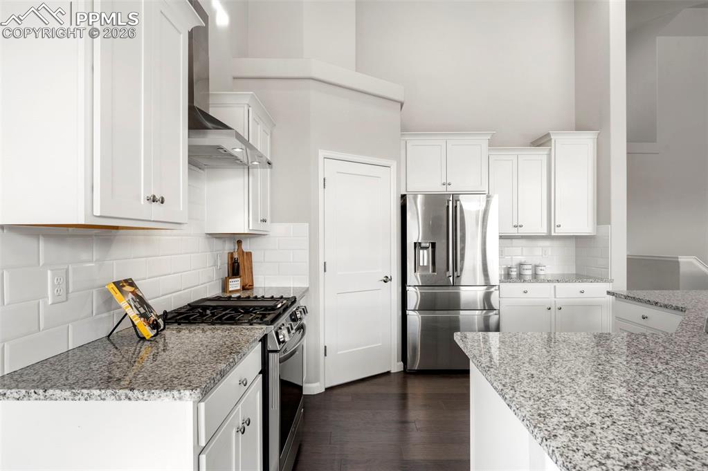Kitchen with light stone countertops, stainless steel appliances, white cabinetry, dark wood-type flooring, and backsplash