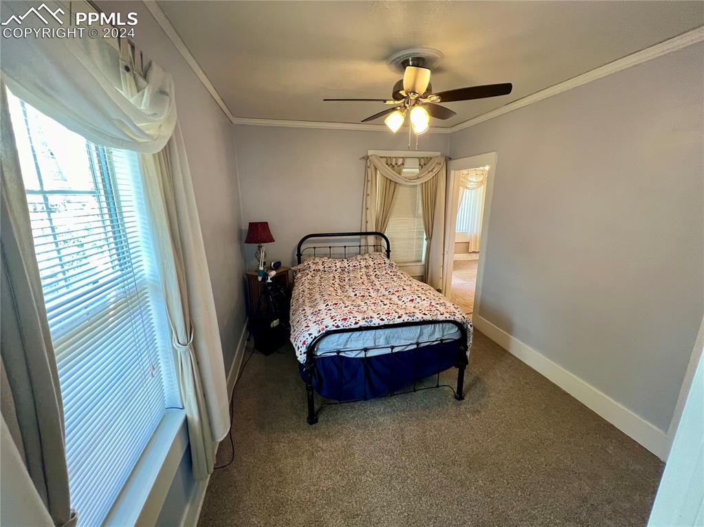 Bedroom featuring ornamental molding, ceiling fan, and carpet floors