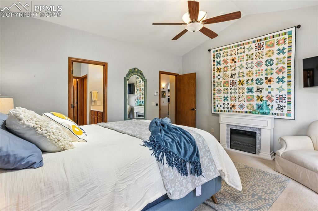 Addl features include a vaulted ceiling and sky light.  Electric fireplace and attached TV excluded.