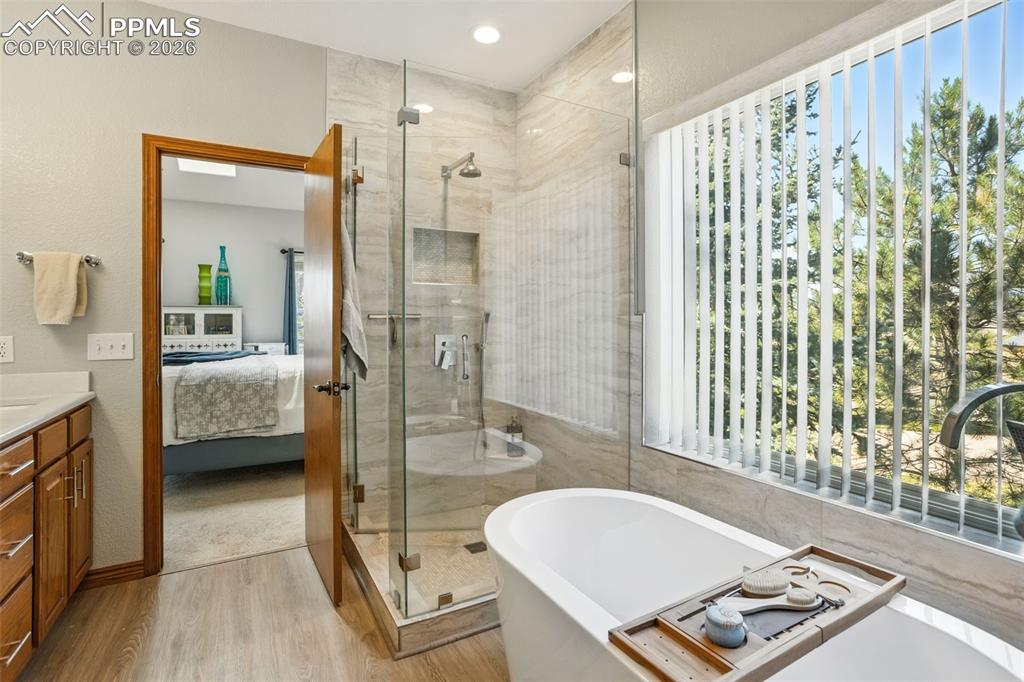 Relax in the soaker tub or shower at end of day