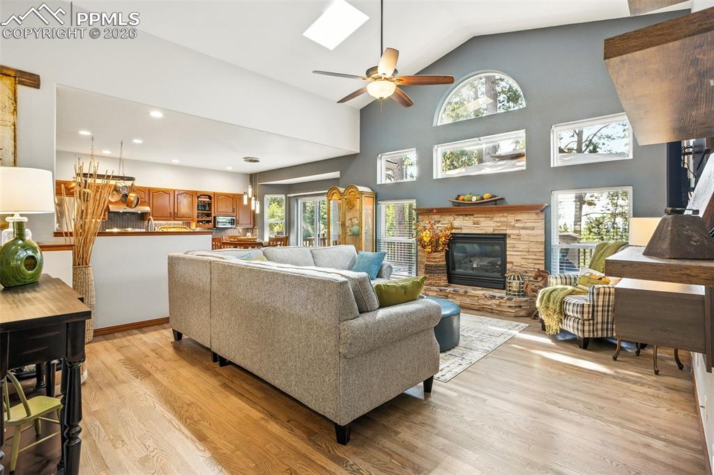 Vaulted ceilings, skylights and windows bring tons of natural light to this space